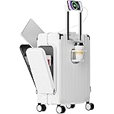 feilario 20in Aluminum Frame PC Carry On Luggage Tri-Zone Access Hard Shell Brake Wheels Suitcase with Cup Holder, Phone Holder, TSA Approved Lock (White, 22.4")