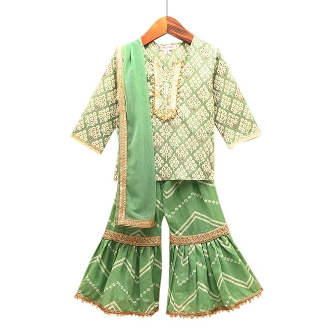 Amber By Hopscotch Girls Cotton Floral Kurti With Leheriya Sharara And Dupatta In Green Color