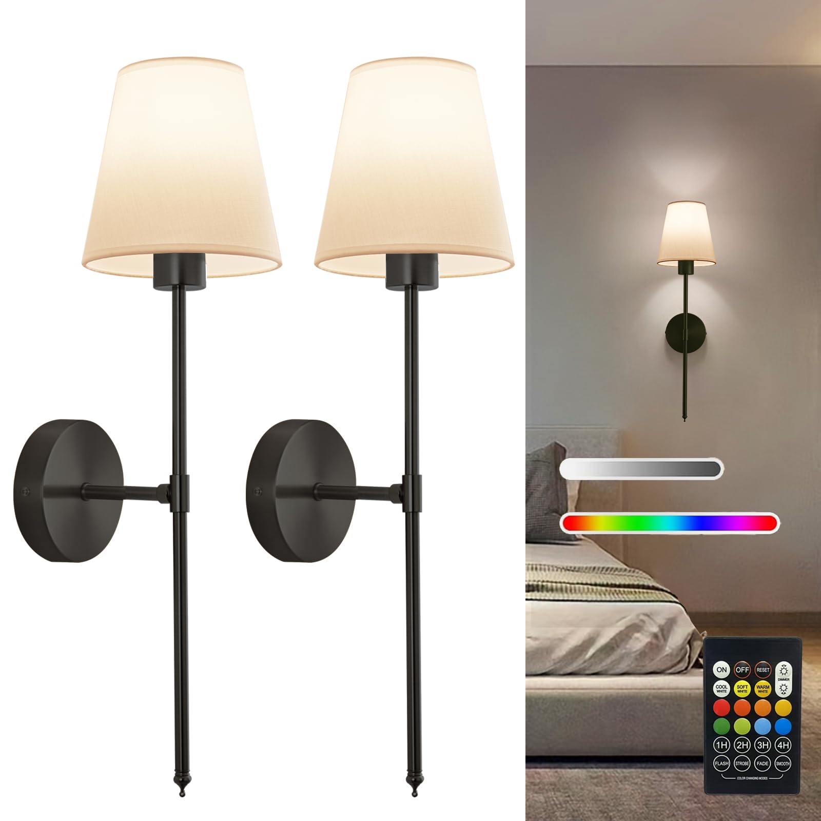 Photo 1 of Wall sconces Set of Two Battery Operated – Rechargeable Wireless Wall Lights with Remote, 13 Colors & Dimmable Detachable Bulbs, Black Wall Lamps for Bedroom, Living Room, Hallway, and Home Decor