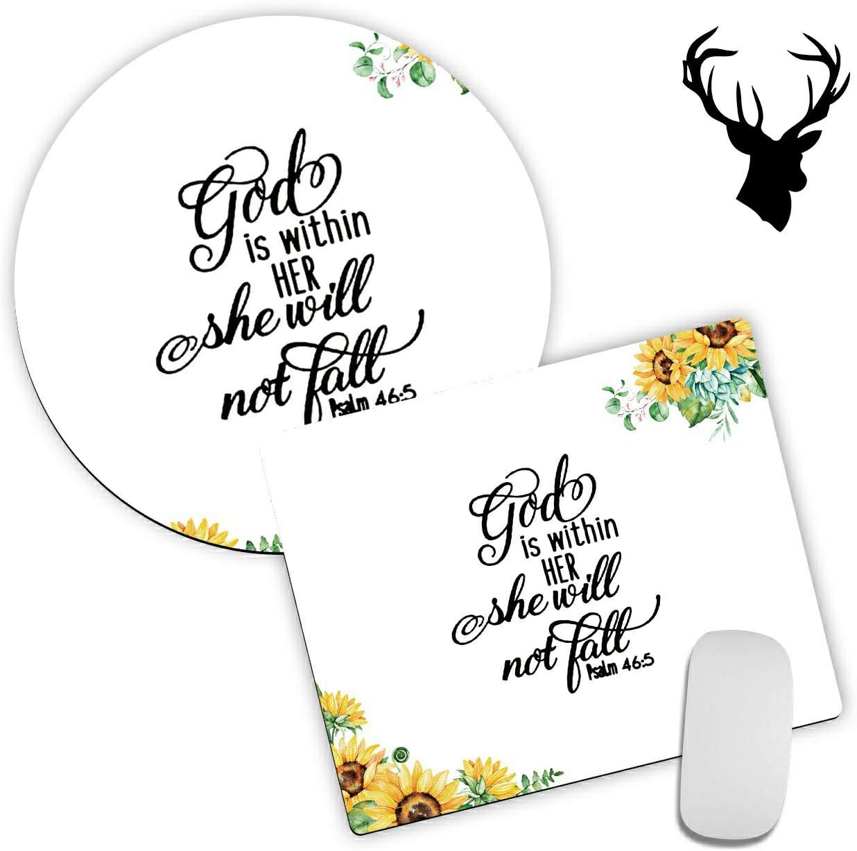 2 Pack Gaming Mouse Pad, Psalm 46:5 God is Within Her,She Will not Fall Pattern Design Mouse mat, Round Mouse Pads for to Laptop and Desktop Computer,Cute Mousepad with 2x2 inch Deer Head Stickers