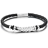 COOLSTEELANDBEYOND Braided Leather Bracelet for Men Women with Silver Color Feather Charm, Boho Tribal Style Jewelry