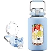 BLUEGO 84oz Glass Water Bottles with Sturdy Stainless Steel Handle, Large Water Bottle with Straw Sip & Chug Lid, 2.5L Water Jug Silicone Sleeve with Time, Daily Travel Sports, Light Blue