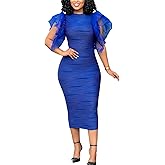VJJ AIDEAR Women's Flutter Sleeve Ruched Bodycon Textured Pencil Dress Stretchy Business Office Party Dress