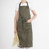 ATLINIA 100% Linen Apron with Buttons Adjustable Bib Apron with Pockets Linen Half Apron Bistro Apron