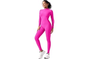 speerise Women Bodysuit Rompers Long Sleeve Jumpsuits Leotards One Piece Tummy Control Yoga Workout Outfits, Hot Pink, Medium
