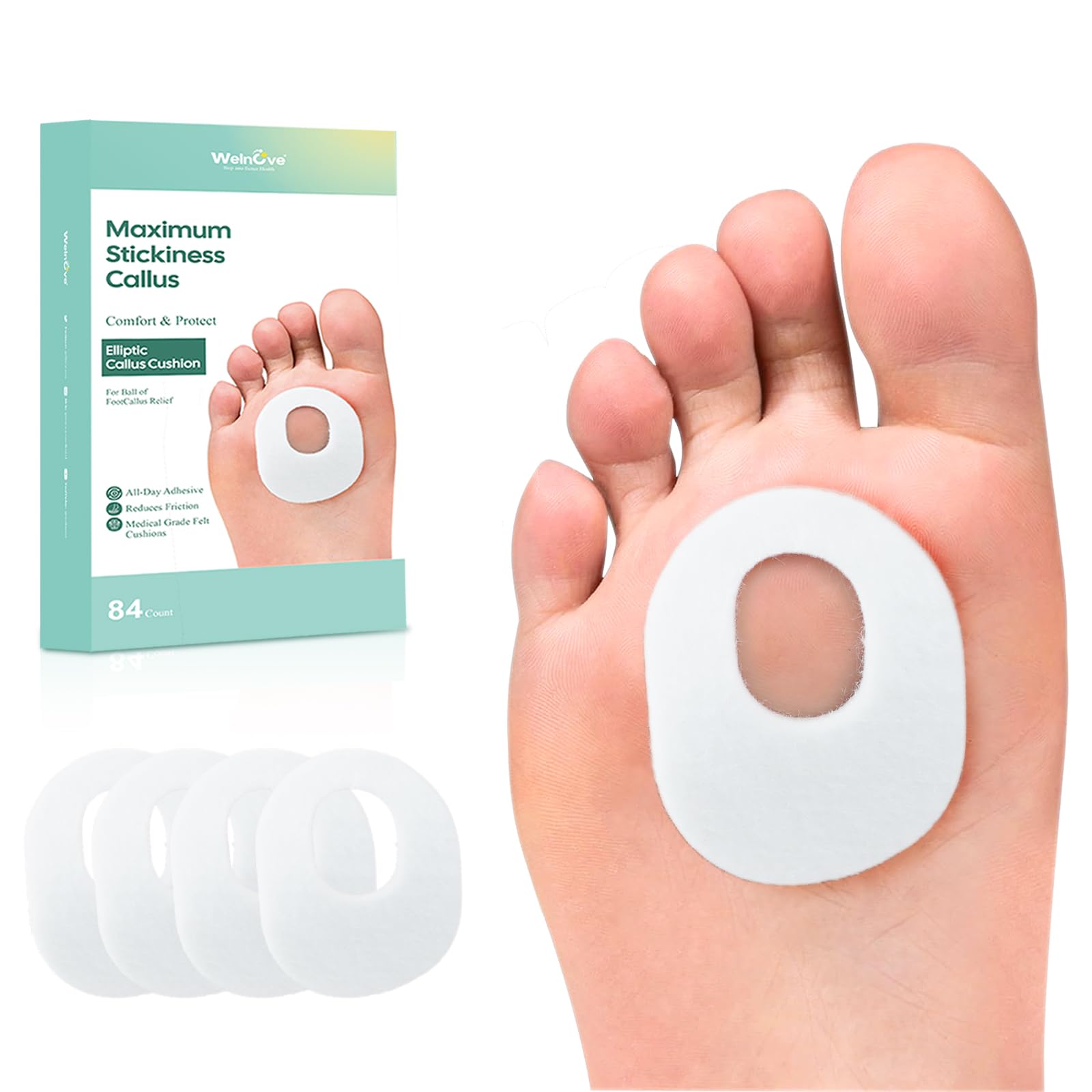 Photo 1 of Welnove 84pcs Callus Pad with Water-Resistant Self-Stick Adhesive, Protects Foot, Heel and Toes from Rubbing and Friction,Oval Shape Design,Reduce Pressure and Friction from Shoes Rubbing-White