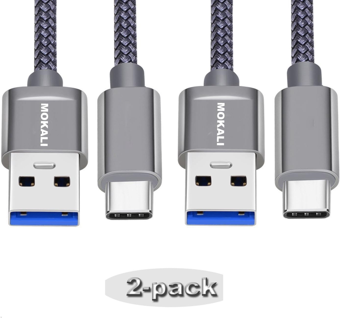 MOKALI USB Type C Cable, USB C to USB A Charger cable (6.6ft 2 Pack), Nylon Braided Fast Charging Cord for Samsung Galaxy Note 8 S8,Google Pixel 2, LG V30 V20 G6 5, Nintendo Switch, OnePlus 5 Gray