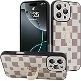 LEOMAKRON for iPhone 16 Pro Max Case with Finger Strap Kickstand, Cute Checkered Checkerboard Pattern for Women Men, Full Camera Protection Aesthetic Shockproof TPU Design, White