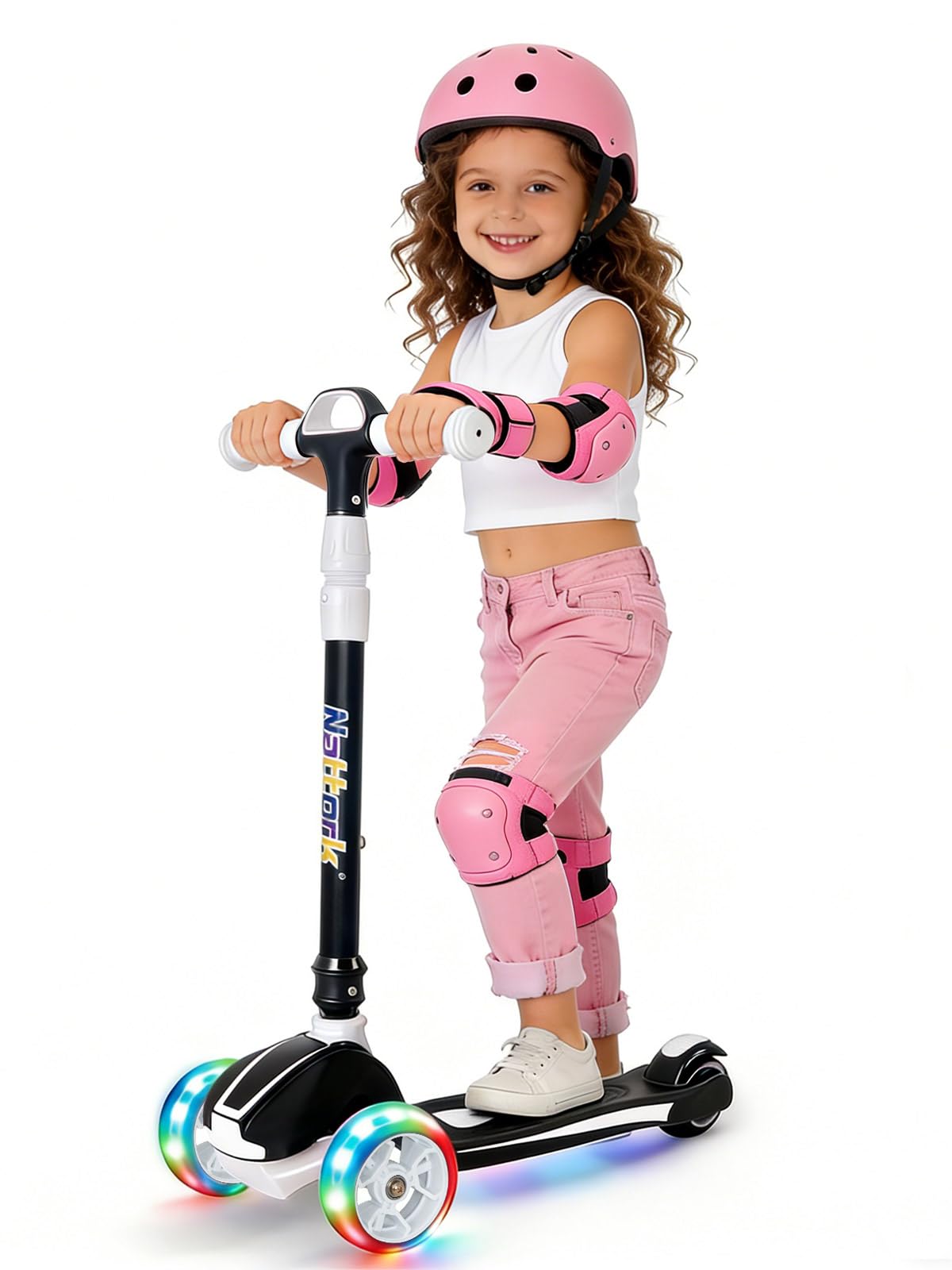 Nattork Light-Up 3-Wheels Scooter for Kids & Toddlers Ages 3-12 with 4 Adjustable Height for Boys & Girls,220LB Weight Capacity for Children3-5, 5-8, 6-12 White