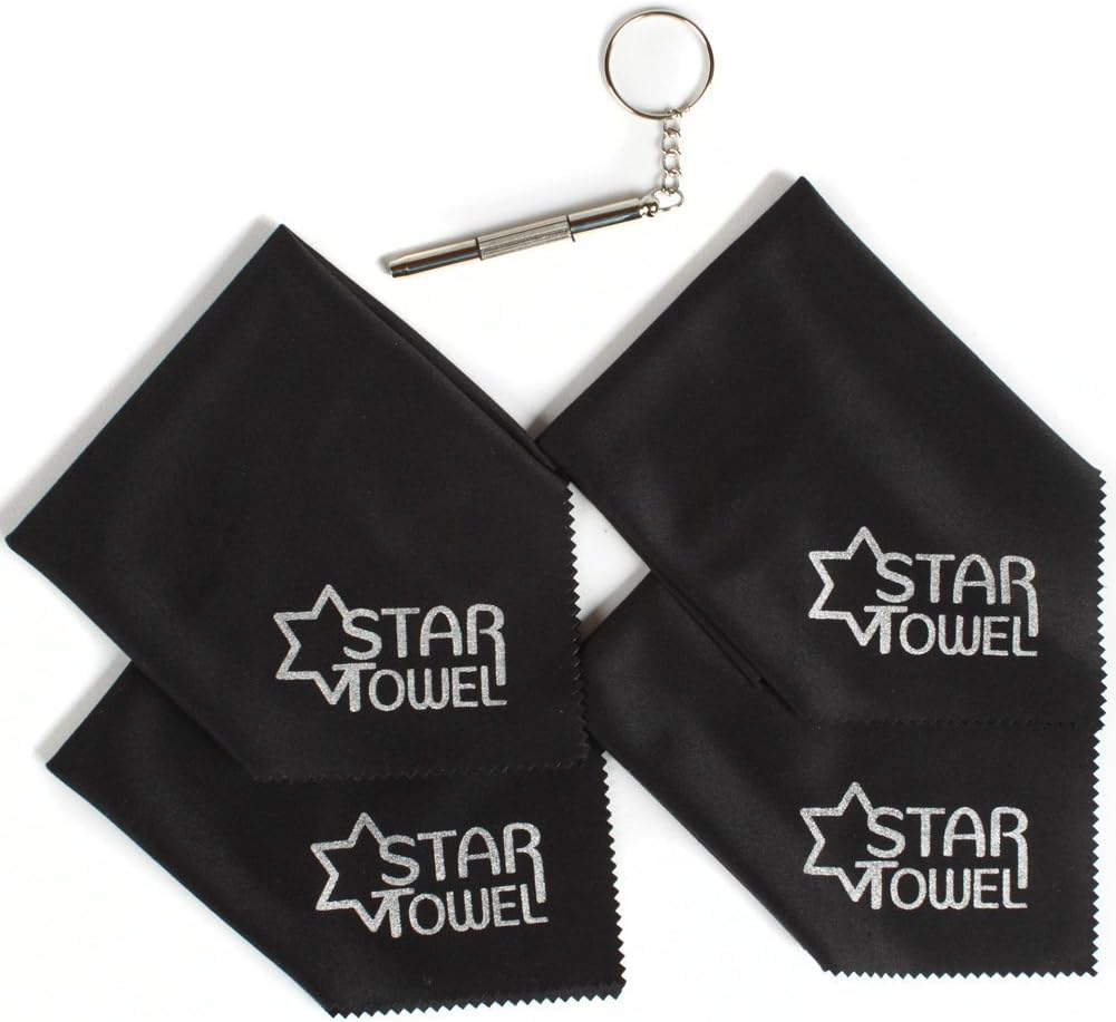 STARTOWEL -Magic Microfiber Cleaning Cloths , Glasses , Mobile, LCD Screens, Tablets, Lenses , Camera and Surfaces - 4 pcs of cloth in Black + 1 Glasses Screw Driver , 7x7''