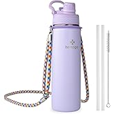 24 oz Insulated Water Bottle with Shoulder Strap, Stainless Steel Tumbler with 2-in-1 Straw & Spout Lid, Fashion Water Flask for Women & Girls. Keep Cold 24H / Hot 12H, BPA Free (Light Purple, 24 oz)