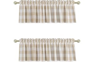 UPOPO 2 Pieces Valences Buffalo Check Kitchen Tier Curtains Classic Plaid Gingham Farmhouse Window Curtain Valance Living Room Bedroom Rod Pocket Beige & White 56"x 16"