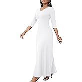 FANDEE Maxi Dress for Women 3/4 Sleeve Maxi Dresses V Neck Casual Loose Long T Shirt Dresses Basic (M-3XL)