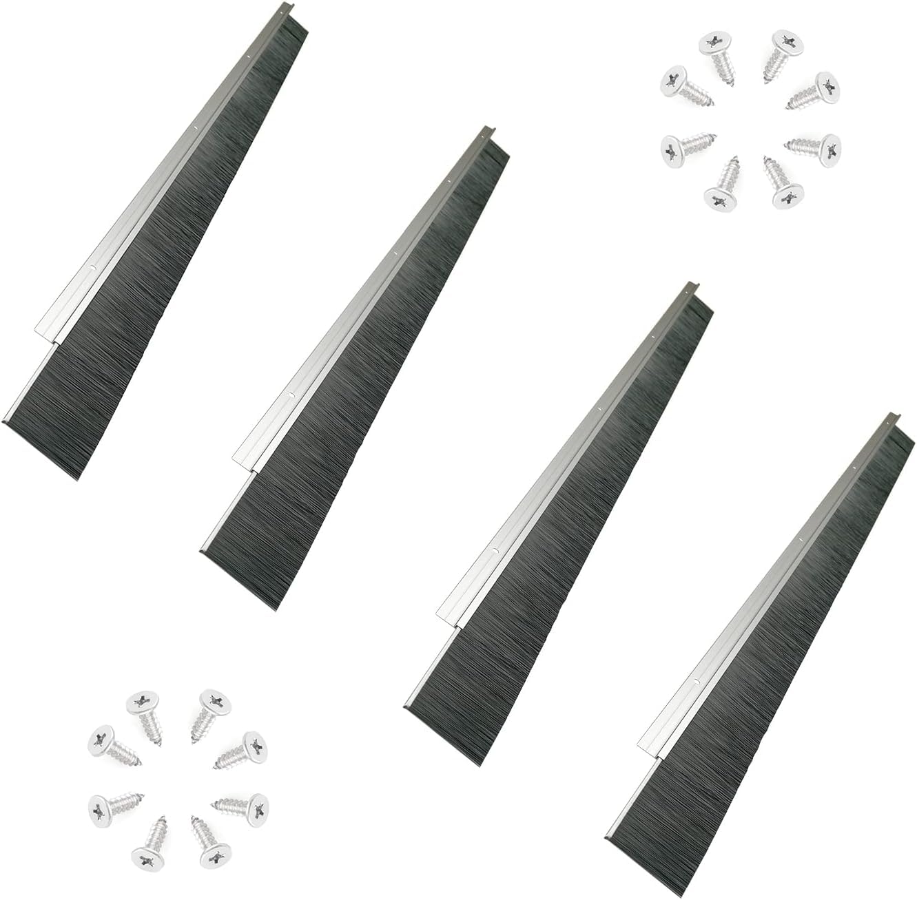 Retsun Set of 4 Extra-Wide Door Brush Seal Strip – 61mm (2.4") W x 880mm (34.6") L, Silver Aluminum Frame with Black PP Bristles, Draught, Dustproof, Weatherproof & Pest Control（Silver1.5, 4)