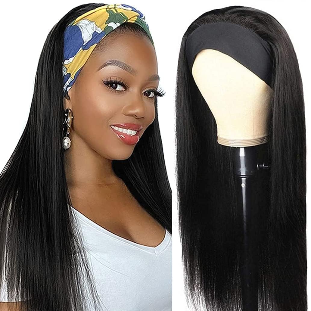 Tmbitto Straight Headband Wig Human Hair Glueless Wear and Go No Lace Beginner Friendly Wigs for Black Women Natural Black 150% Density Brazilian Virgin Hair 14 Inch