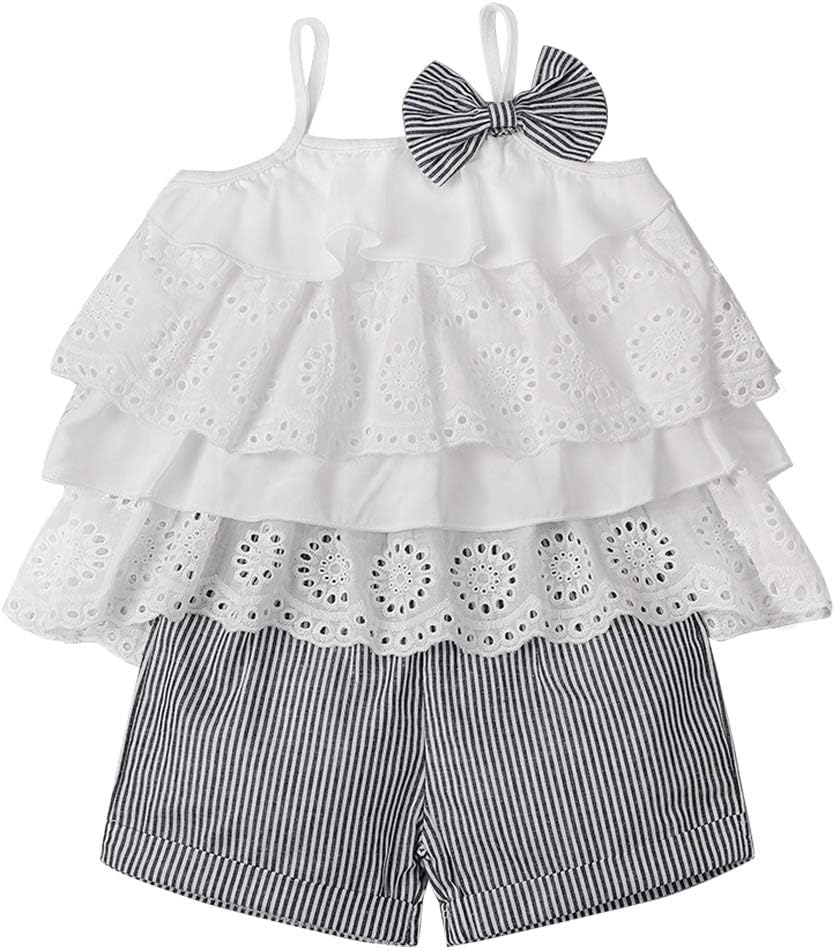 Toddler Baby Girls Clothes Ruffle Cami Top White Lace Tank Top Striped Short Pants Summer Outfit Set for Girls Kids