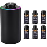 Waterless Essential Oil Diffuser Starter Kit,Aluminum Alloy casing | 6 x 10mL Hotel Scent Fragrance oil, LED ambient lighting,Up to 600 sq ft, Battery Operated, Portable for Home Car Office