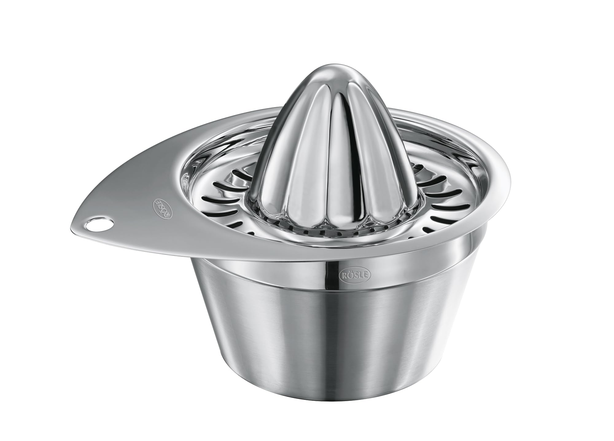 RÖSLE Lemon Squeezer, High Quality Press for Citrus Fruits such as Lemons, Limes and Oranges with Extra Large Collection Container, 18/10 Stainless Steel, Dishwasher Safe