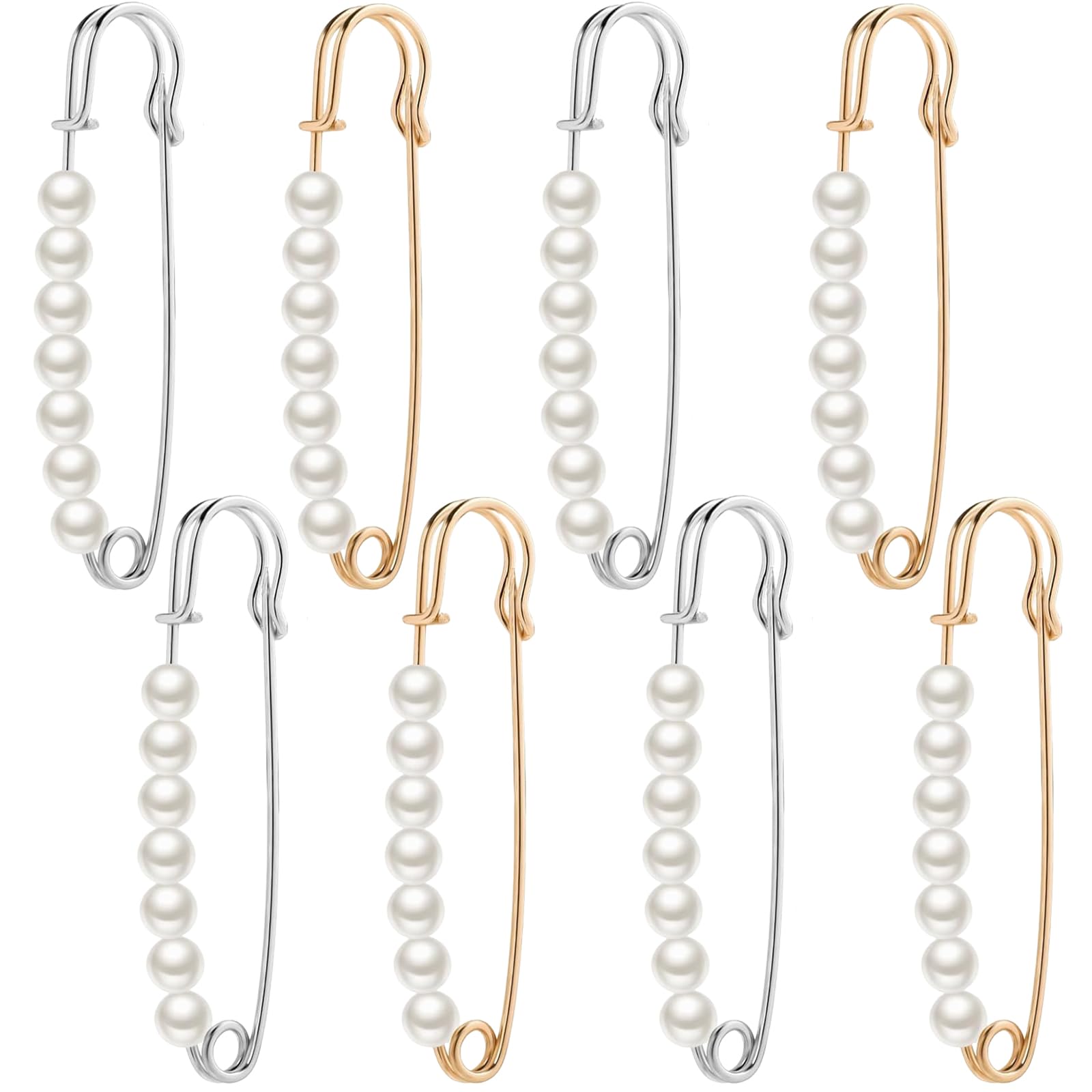 MAEXUS Pack of 8 Pearl Brooch, Safety Pins, Waist Pins, Wedding Dress Brooch Pins, Dress Tightly Clip Brooch Pins, Brooch Pins for Women, Collar Safety Pins, for Scarves, Clothing, Trousers