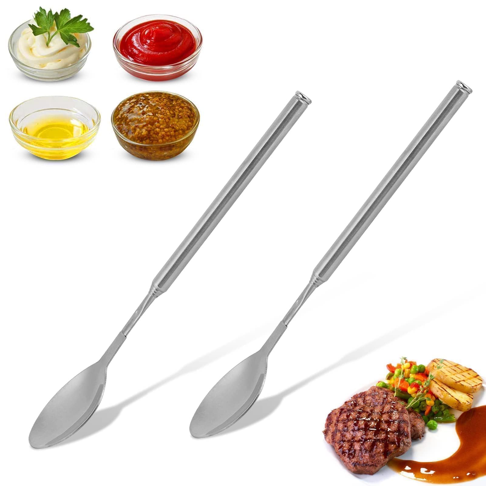 2 PCS Telescopic Spoon, 62cm/24.4in Stainless Steel Extendable Teaspoons Stretchable for Barbecue Tableware Supplies Stirring Spoon Ideal for Iced Coffee Iced Tea Milk Shake Ice Cream