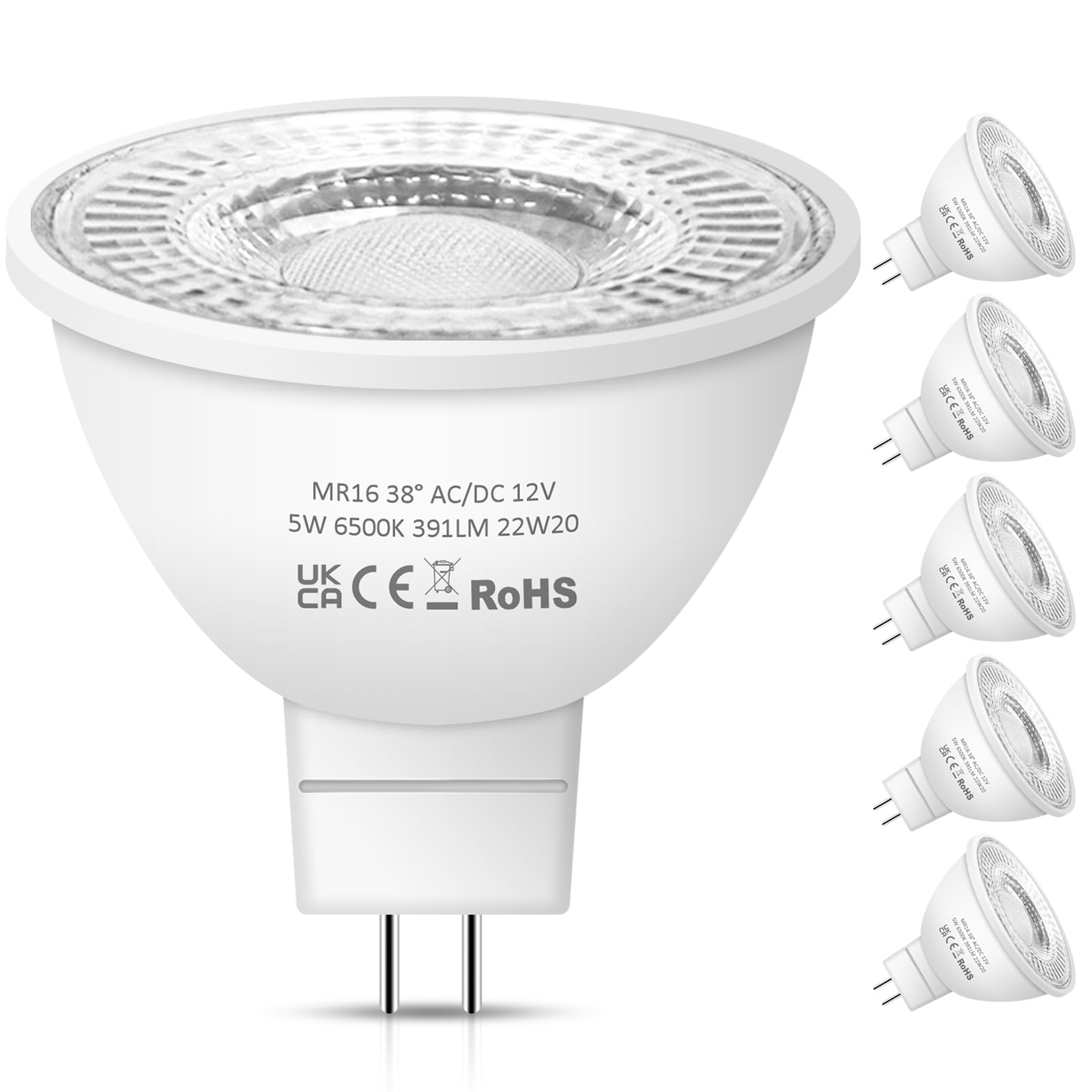 Nottac MR16 LED Bulbs, 12V 5W (50W Halogen Equivalent) Cool White 6500K 38° Beam Angle LED MR16 Non-Dimmable for Indoor/Outdoor Landscape, Recessed, Track Lighting, GU5.3 Bi Pin Base, 6 Pack