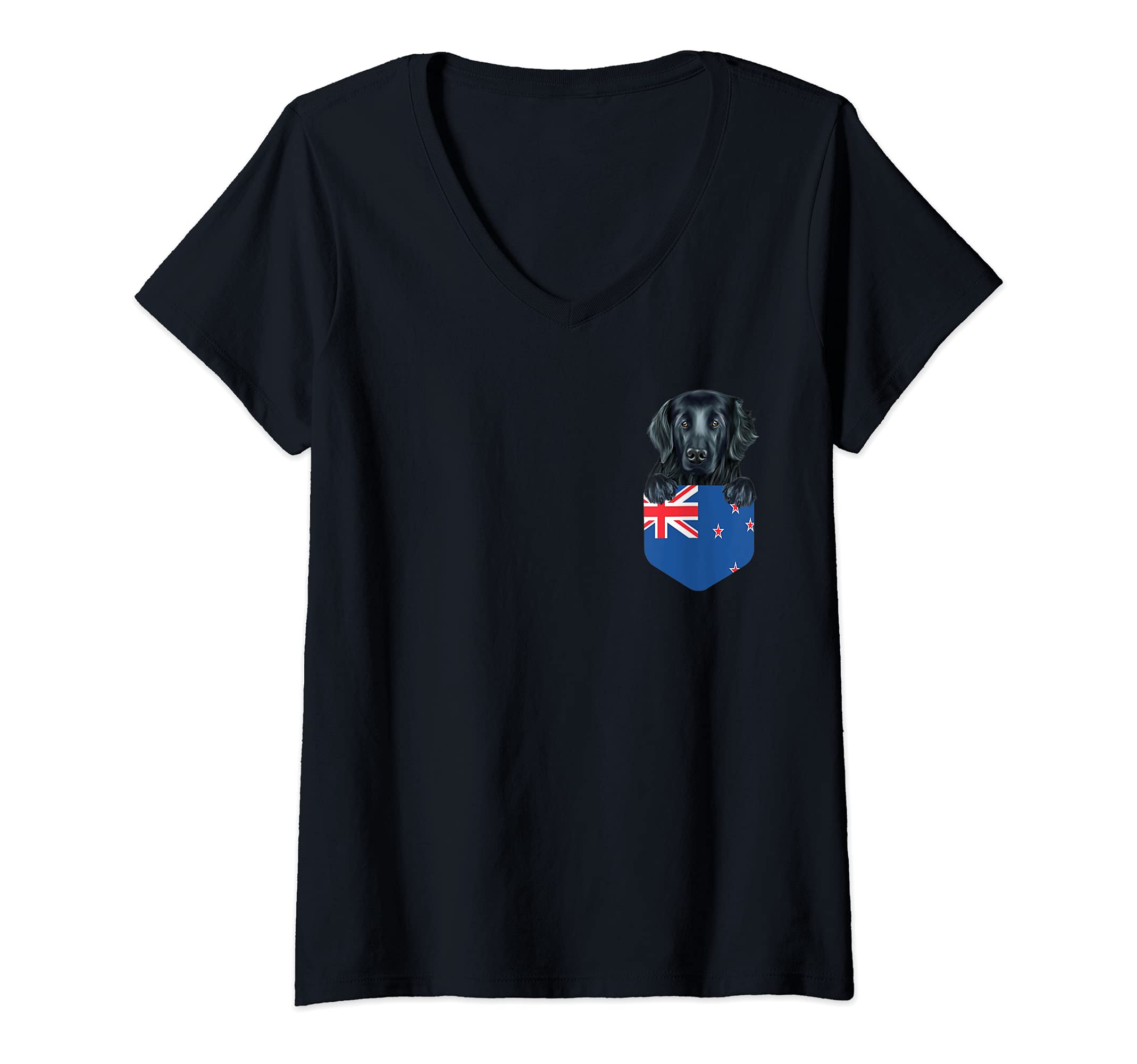 Womens New Zealand Flag Flat-Coated Retriever Dog In Pocket V-Neck T-Shirt