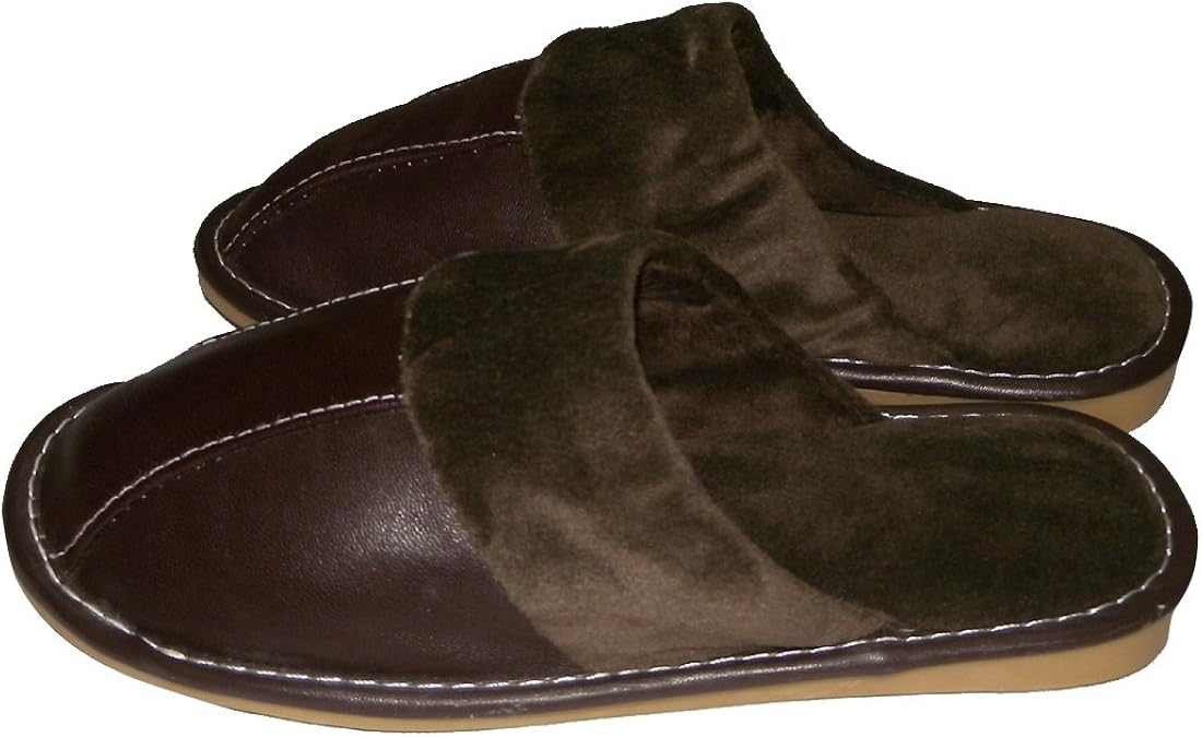 Mens Open Back Lounge / House Slippers with Leather Toe and Rubber Sole Dark Brown at Amazon