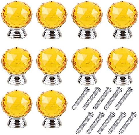 Mosong 10pcs 30mm Glass Clear Cabinet Knob Drawer Pull Handle Kitchen Door Wardrobe Hardware Used for Cabinet, Drawer, Chest, Bin, Dresser, Cupboard, Etc (Topaz/Yellow)