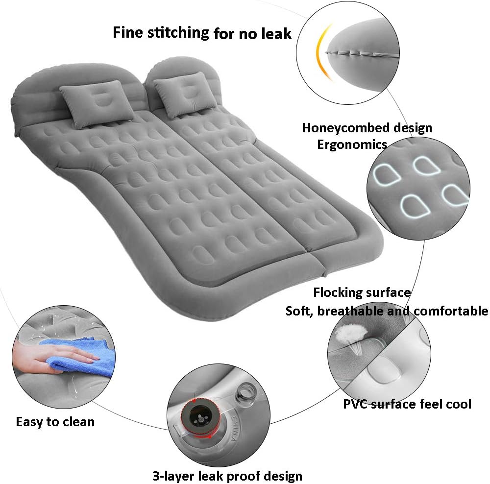 SAYGOGO SUV Air Mattress Camping Bed Cushion Pillow - Inflatable Thickened Car Air Bed with Electric Air Pump Flocking Surface Portable Sleeping Pad for Travel Camping Upgraded Version - Gray: Kitchen & Dining