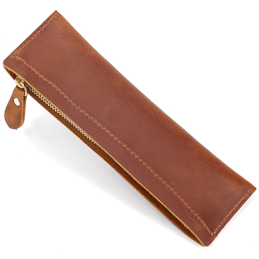 GORGECRAFT Top Grain Water buffalo Leather Pen Zippered Holder Real Leather Pencil Pouch Vintage Crazy Horse Leather Pen Bag Fountain Pen Holder for Business Office Stationery Storage, Saddle Brown