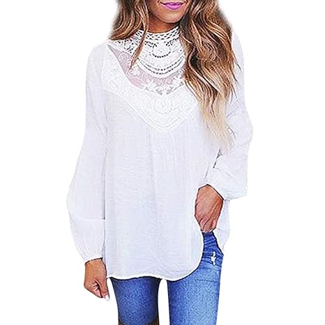 OSYARD Damen Oberseiten T-Shirt Pullover Sweatshirt, Frauen Sexy Freizeit Hemd Kleidung Pulli Tunika Spitze Patchwork Shirt L