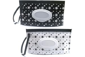 FKEYTO Baby Wipe Dispenser,Portable Refillable Wipe Holder Wipe Dispenser Bag Reusable Travel Wet Wipe Pouch (black & white stars)