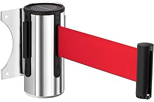DuraSteel Wall Mount Retractable Belt Barrier - 9.2 Ft Red Belt in Sturdy Stainless Steel Case - Guardian 1.0 Indoor & Outdoor Do Not Cross Caution Tape for Crowd Control Queue Barrier, Line Divider