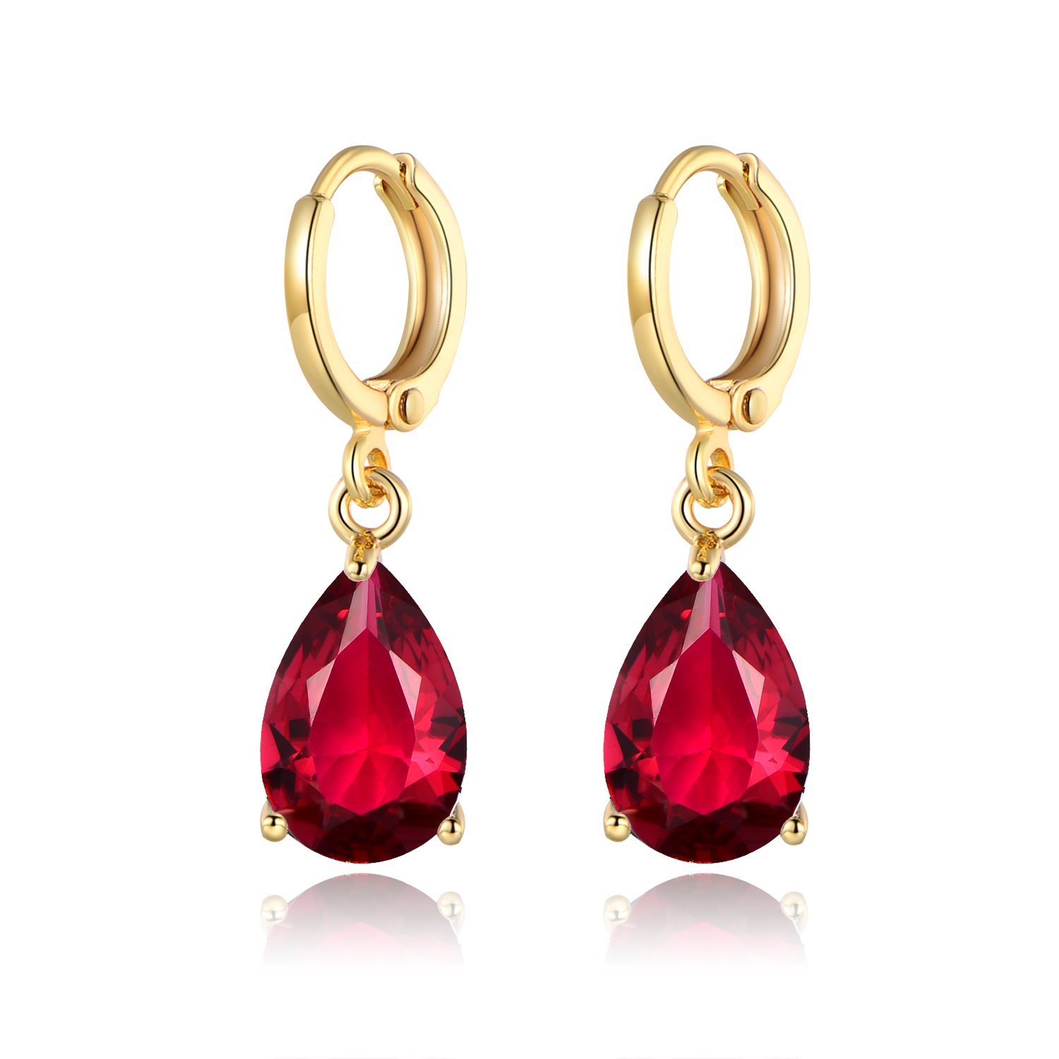 MASOP Ruby Zirconia Leverback Teardrop Dangle Earrings Gold Tone