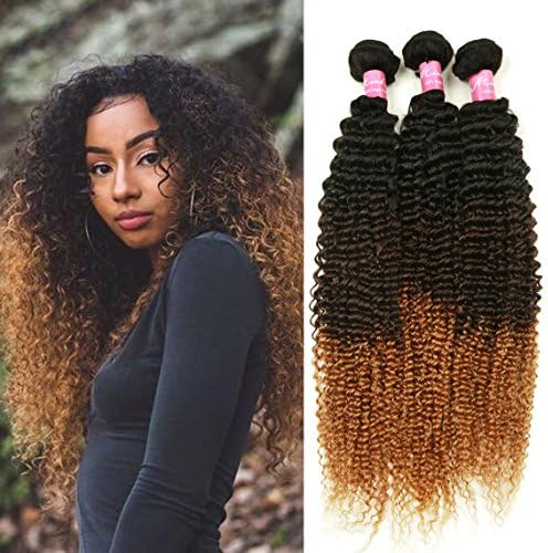 Mink Hair 3 Tone Ombre Color Kinky Curly Hair (16 inch) 8A Grade Brazilian Virgin Human Hair Extension 1B/4/27# Kinky Curly Weave Hair Bundles 100g/pc