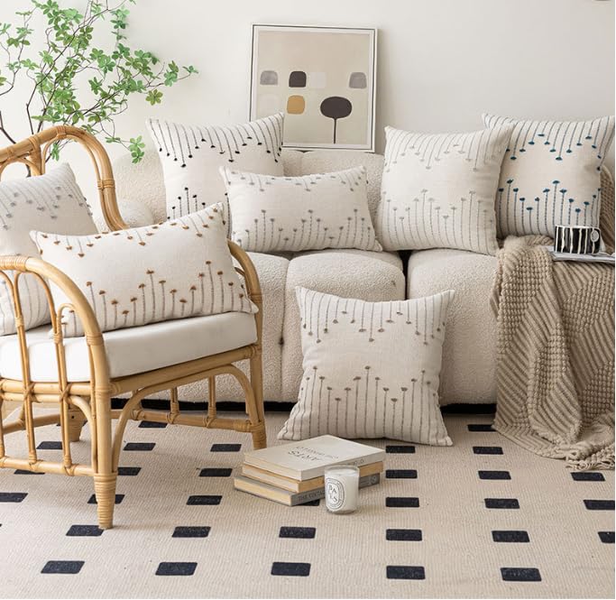 Cushion covers, Boho Throw Pillow Covers 45x45cm Set of 2, Decorative Pillows for Bed, Throw Pillows for Modern Farmhouse Couch Sofa Living Room Outdoor (Beige with Brown Line)
