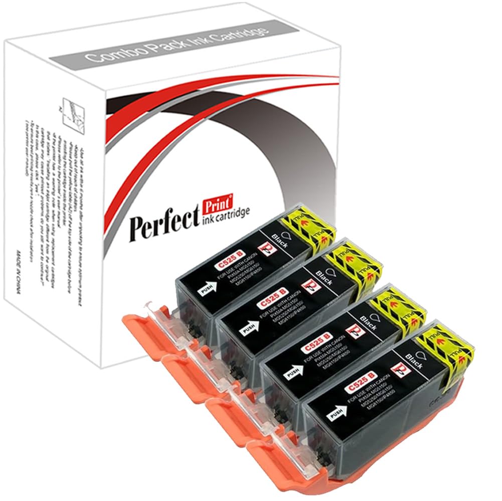 4 Black PerfectPrint Compatible Ink Cartridge Replace PGI-525 for Canon Pixma iP4850 iP4950 iX6550 MG5150 MG5250 MG5300 MG5320 MG5350 MG6150 MG6250 MG8150 MG8170 MG8220 MG8250 MX715 MX885 MX895 Printers