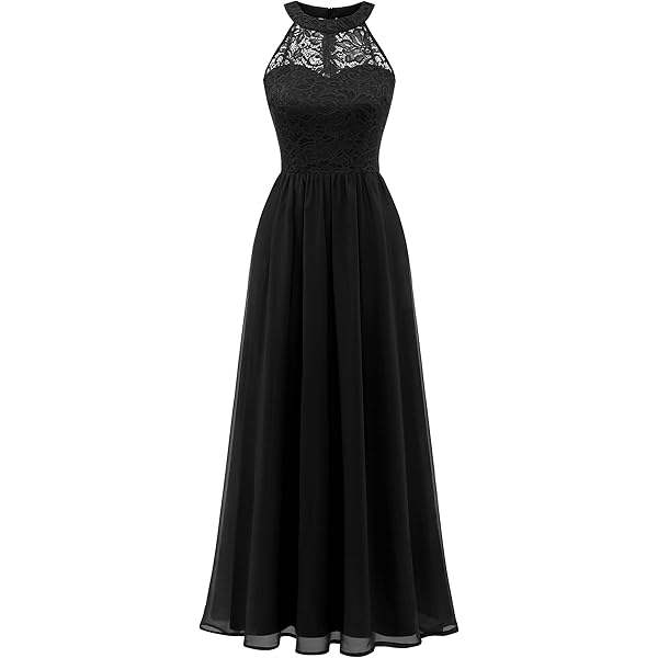 Women's Long Dress Halter Neck Lace Long Chiffon Dress