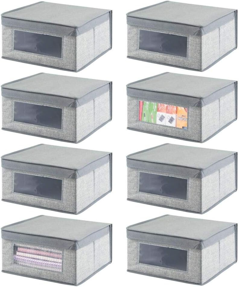mDesign Soft Stackable Fabric Closet Storage Organizer Holder Bin with Clear Window, Attached Lid - for Home Office, Den, Hallway, Entryway - 8 Pack - Gray