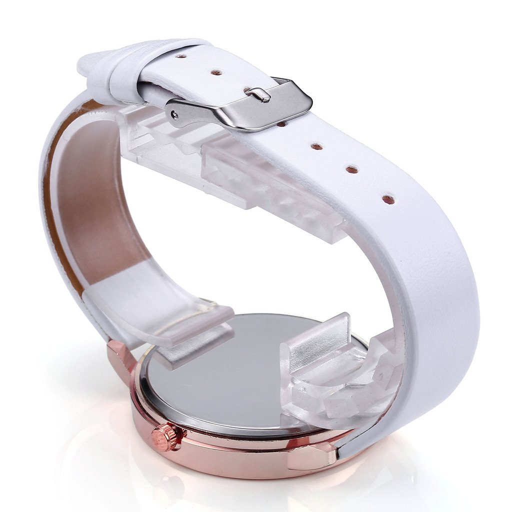 JSDDE Uhren,Modische Schmetterling Blumen Armbanduhr Basel-Stil Damen Uhr PU Lederband Rosegold Analog Quarzuhr,Weiss