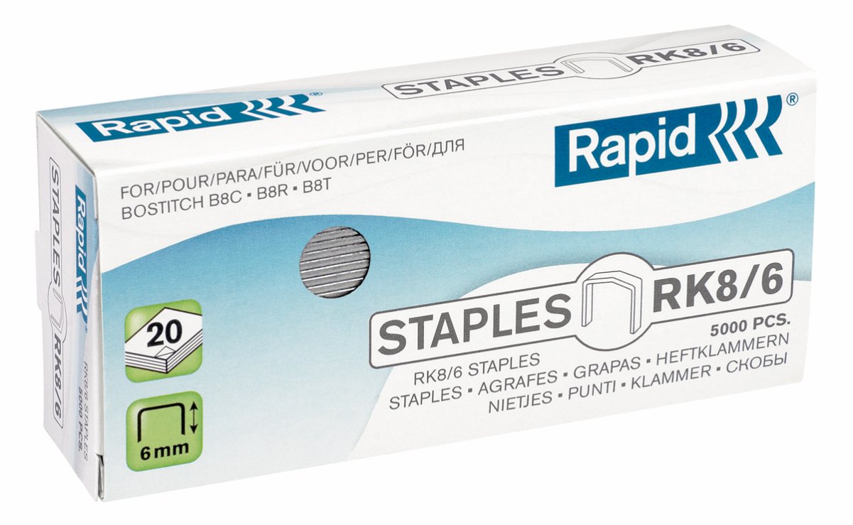 Rapid RK8/6mm Standard Staples, For Stapling up to 20 Sheets, For use with XXXXX, Galvanised Wire, Box of 5000, 24873700