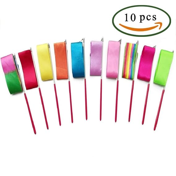 Ebeta 10Pcs 2m Gymnastikband Regenbogen Tanzband Turnband Rhythmikband mit Rutschfest Stabin für Kinder Kunst Tanzt Ballett (