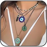 Quizzhe Evil Eye Pendant Necklace for Women Men Statement Glass Leather Rope Chain Necklaces Stack Retro Pendant Chain Necklace Adjustable Dainty Link Chain Multilaye Necklaces