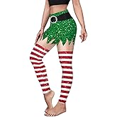 Roevite Women's High Waist Christmas Leggings Striped Reindeer Sknowflake Printed Holiday Tights