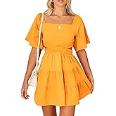 Senllen Womens Summer Dresses 2025 Short-Sleeve Square Neck Mini Dress Crossover Elastic Waist Casual Party Tiered Dress