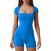 QINSEN Women's Short Sleeve Bodycon Romper Stretchy Square Neck Sexy Unitard Jumpsuit
