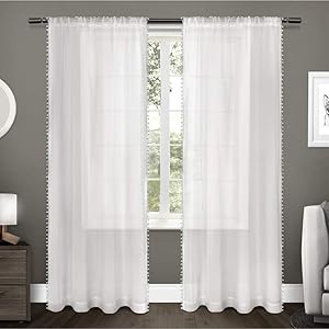 Exclusive Home Curtains Pom Embellished Sheer Rod Pocket Top Curtain Panel Pair, 54x108, Winter White, 2 Count