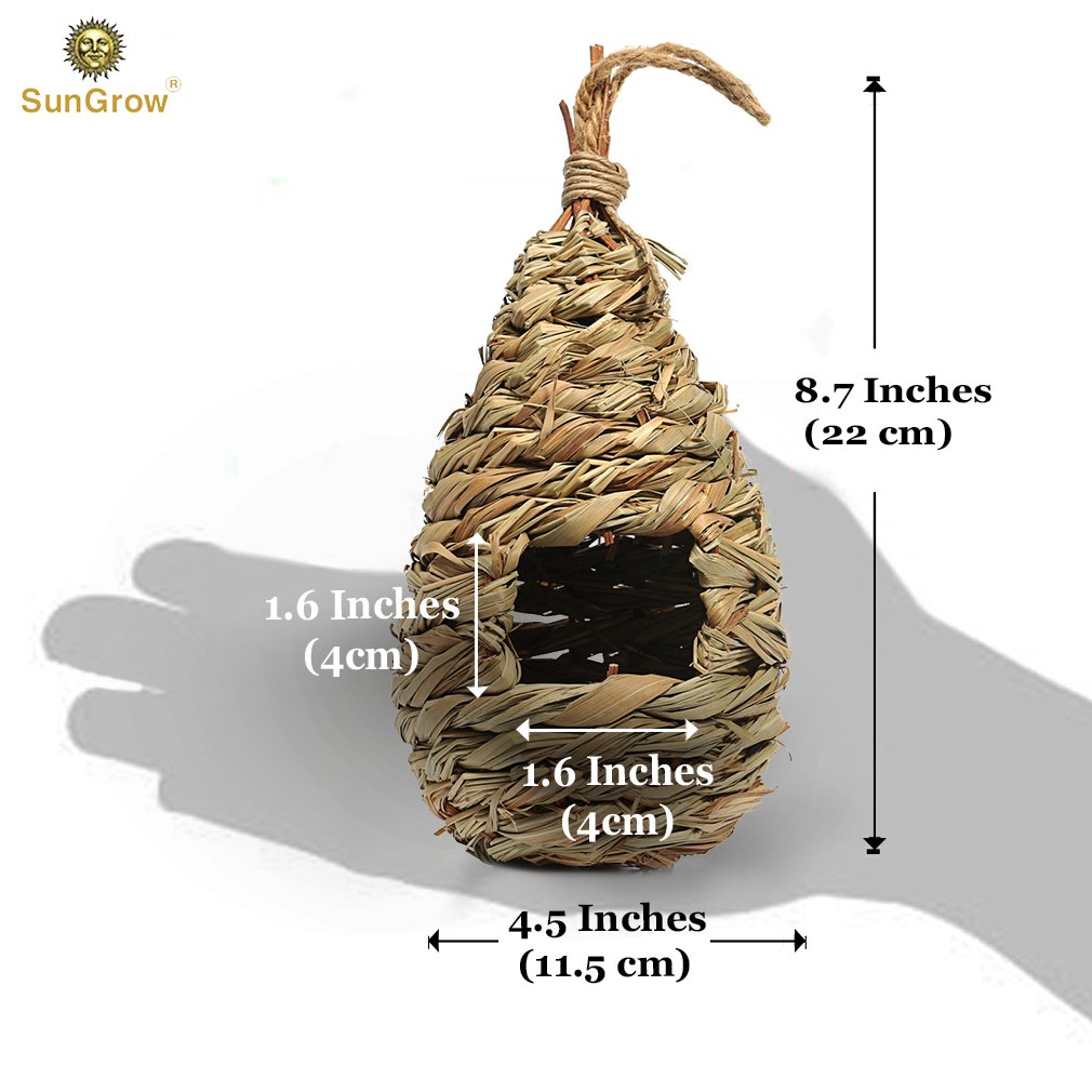 Hand-Woven Teardrop Shaped Grass Bird Hut by SunGrow - 100% Natural Fiber - Cozy resting place for birds - Provides shelter from cold weather - Bird hideaway from predators - Ideal for Finch & Canary