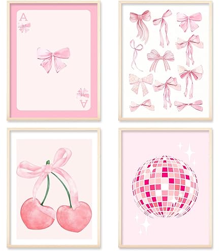 HGNSVRJX Poster Estetico Coquette Con Fiocco Rosa E Ciliegie - Stampa Su Tela Preppy - Decorazione Parete Per Camera Ragazze, Stile Campus (30,5x40,6 Cm)