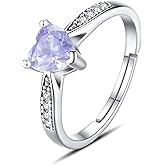 Vito 925 Sterling Silver Birthstone Rings for Women, Adjustable Open Heart Cubic Zirconia Birthstone Band Ring Birthday Month Jewelry Gift